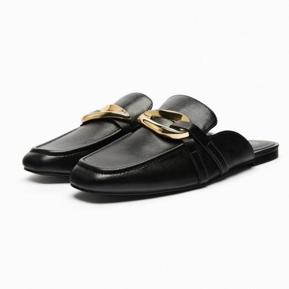 Zara Black Slip-On Mule with Gold Buckle